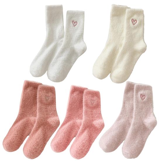 1 Pair Winter Socks Thickened Plush Mid-tube High Elasticity Heart Embroidery Socks Anti-slip Anti-pilling Floor Socks Comfort Warmth Sleeping Socks