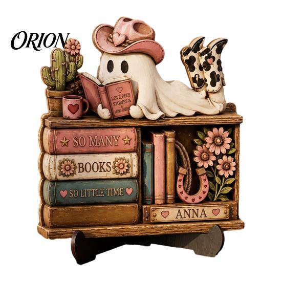Niche Gothic Room Accessories Halloween Reading Ghost Figurine, Retro Wooden Statue, Vintage Desktop Bookshelf Decor Ornament with Stacked Book