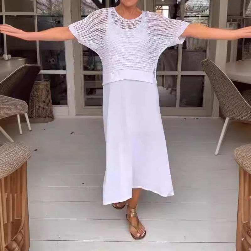 QICED Gravírovaná pletená sukně a šaty: Ležérní jednobarevný pletený svetrový komplet s kulatým výstřihem