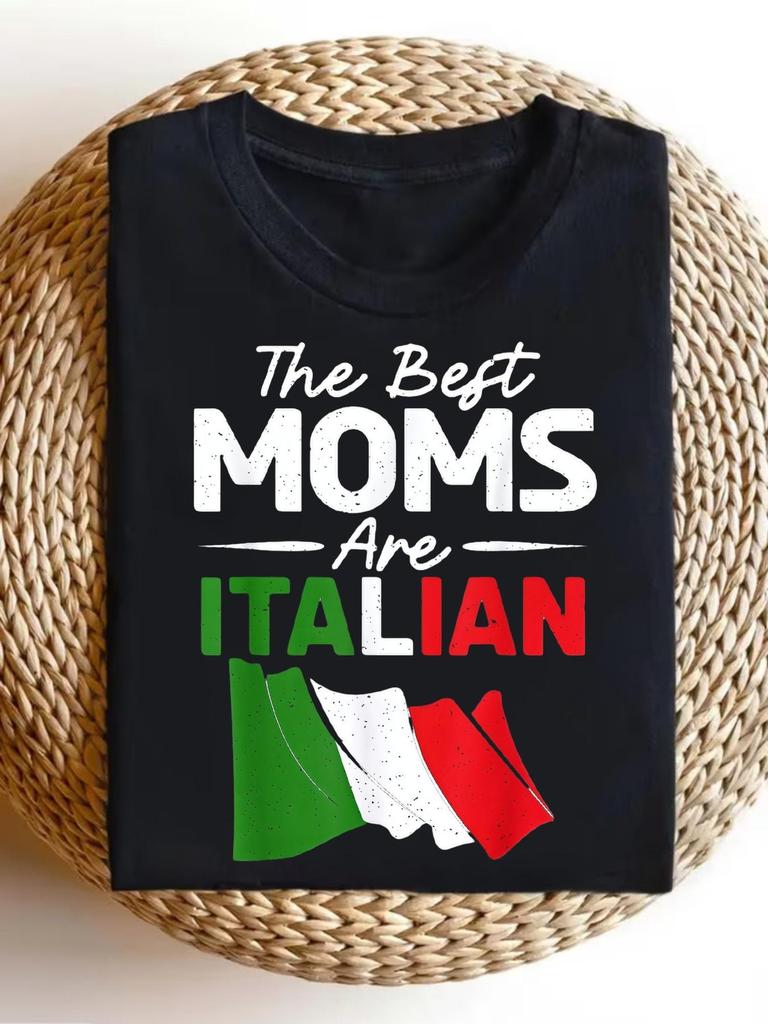 Italian American Mom Vintage Graphic TShirt Black Short Sleeve Tee With Italian Flag Print Soft Breathable Casual Unisex Top