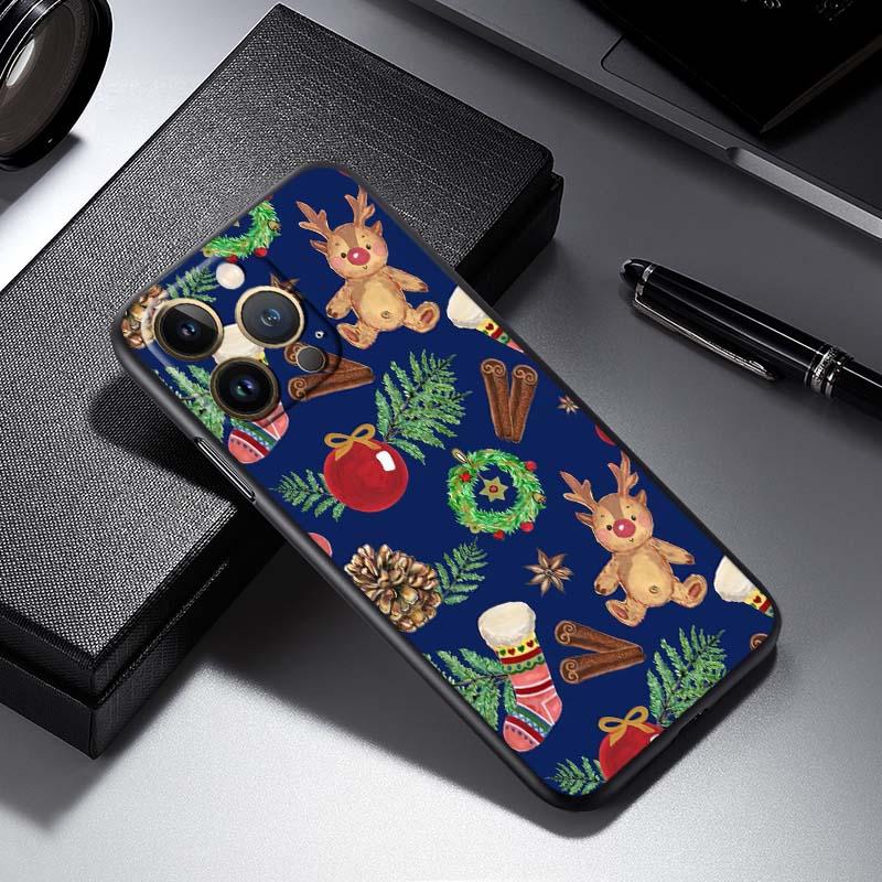 Weihnachts-Cartoon-Muster Handyhülle für Apple iPhone 17 16 16E 15 14 13 12 11 Pro Max Plus Schwarzes Weiches Silikon