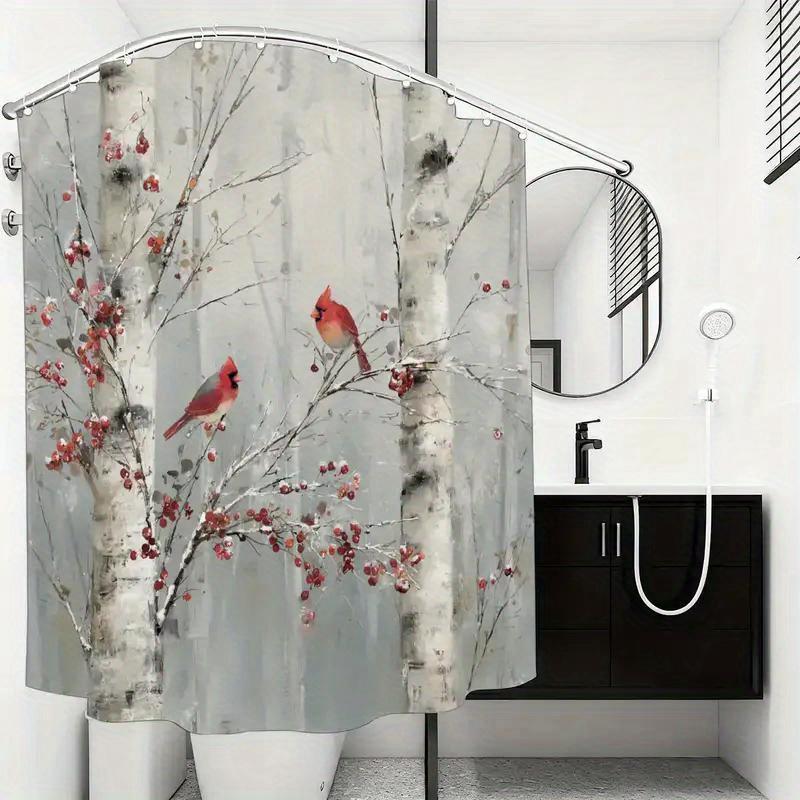 Winter Birds Shower Curtain Red Cardinal Birch Tree Design Nature Decor Bathroom Waterproof Curtains Artistic Home Style