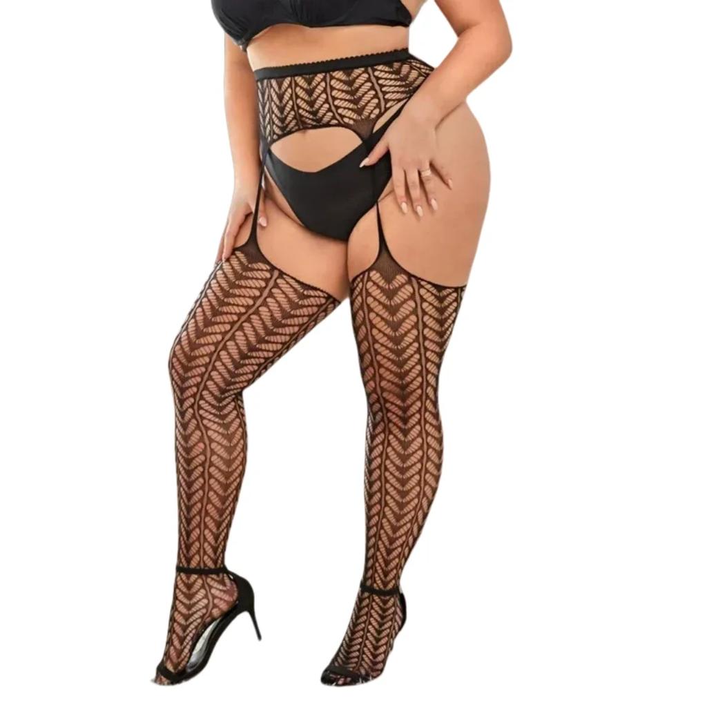 Oversized Women Hollow Black Fishnet Pantyhose Plus Size Knee Thigh High Sheer Sexy Lace Stockings Lingerie Socks Tights 5Xxxxxl