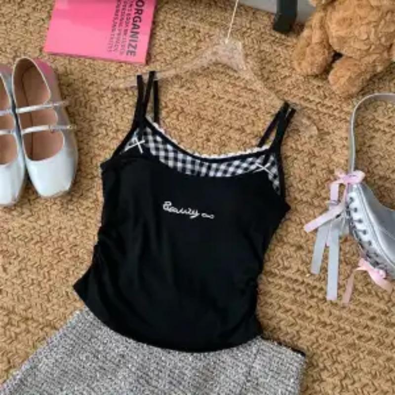 Damen Süßes Karomuster Patchwork Doppelträger Spitzenbesatz Crop Cami