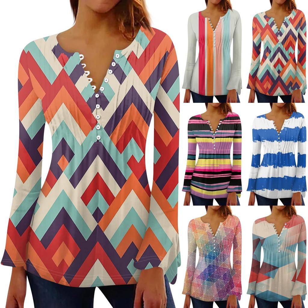 T-Shirt mit Blumenmuster für Damen, V-Ausschnitt, lange Ärmel, Plissee-Knopfleiste