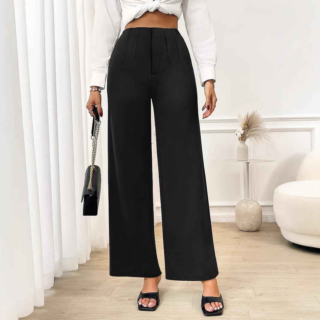 elegant and fashionable women s trousers slim-fitting versatile trousers straight-leg trousers commuter style elastic wide-leg trousers S чёрный