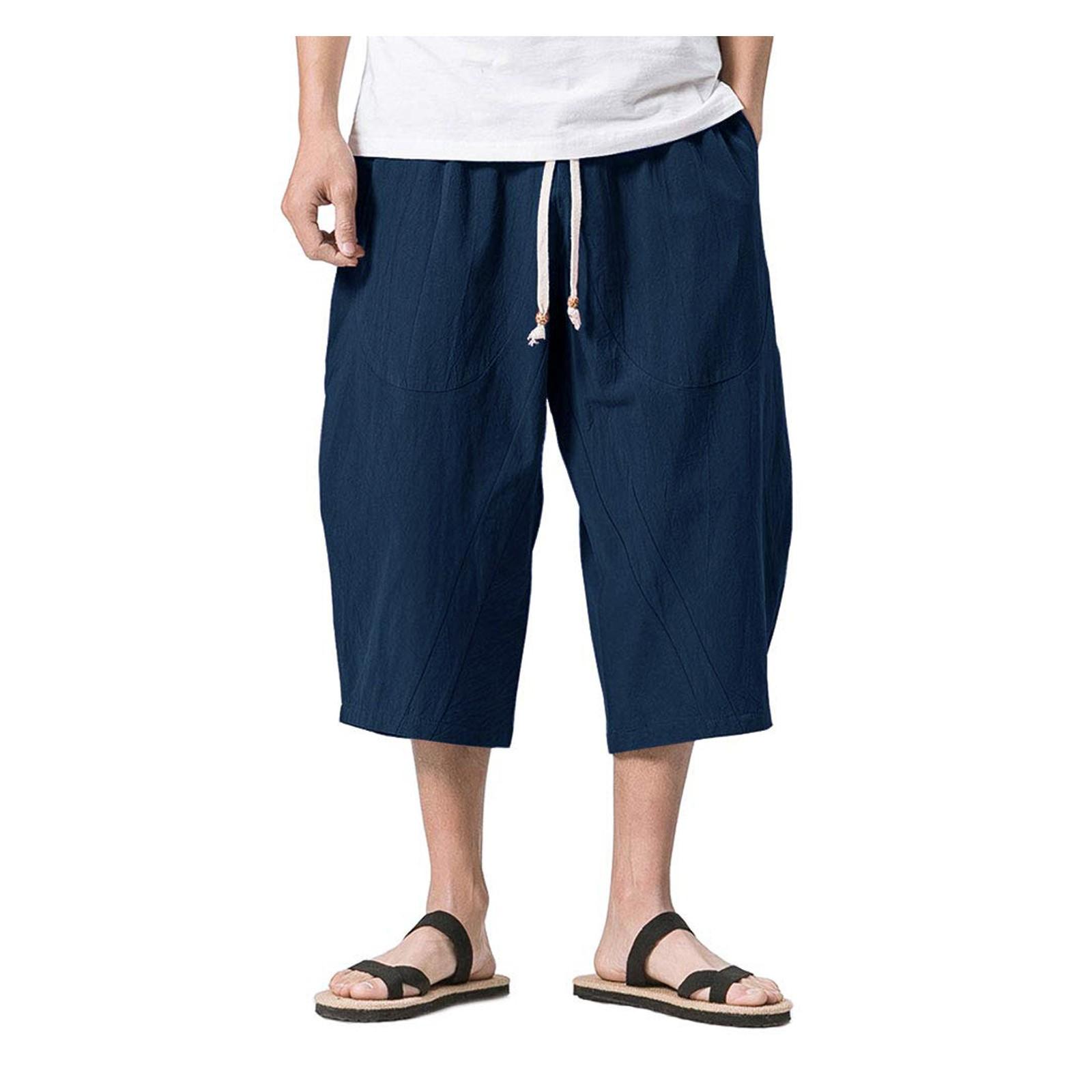 

Мужские летние модные трендовые хлопковые льняные брюки, мужские однотонные повседневные леггинсы, брюки XXXXXL тёмно-синий