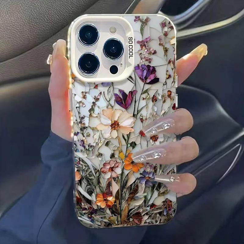 Premium Art Flower Application Apple 16/17Promax Phone Case IP15 Color Silver IMD14 Personality 13 Hard