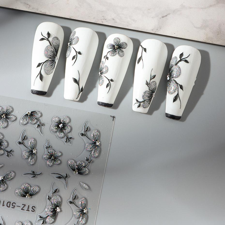 5D Black Glitter Nail Stickers Watercolor Blooming Nail Manicur Spring Floral Adhesive Transfer Decals Slider Nail Art Decor