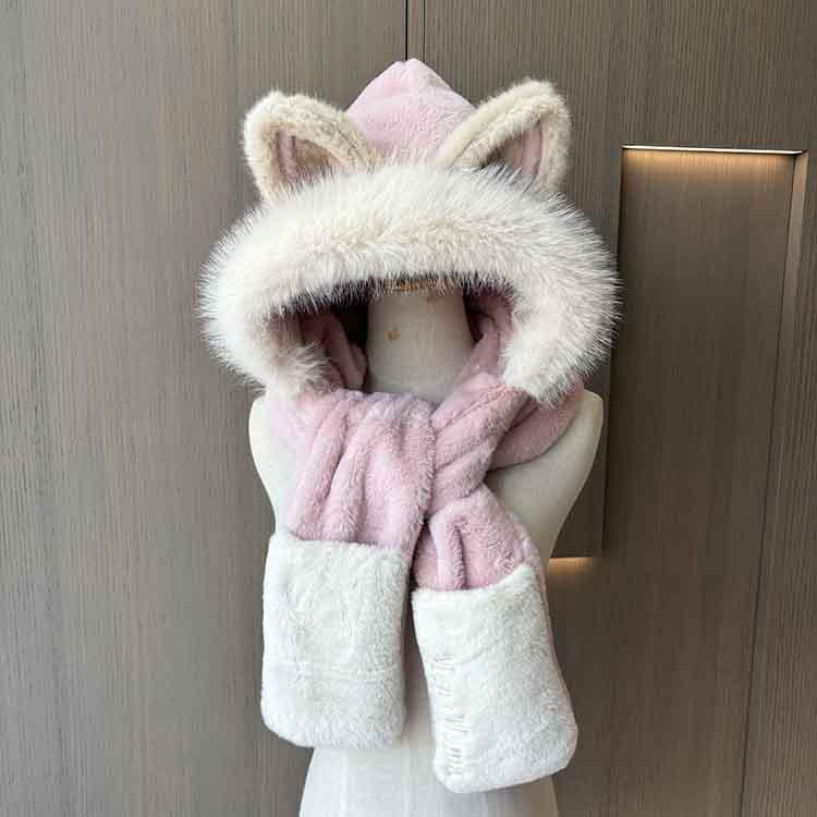 Winter New Fox Ears Women's Hat Scarf Gloves Integrated Three-piece Scarf Cute Plush Warm Windproof