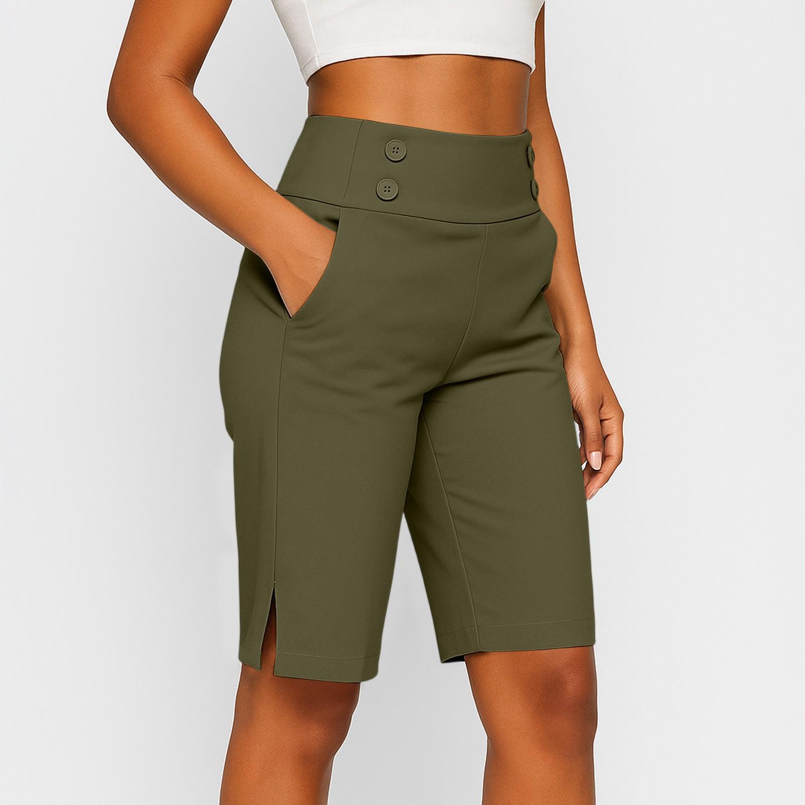 

Жіночі укорочені штани, еластичні тренувальні штани для йоги довжини до коліна, повсякденні еластичні штани з кишенями, штани для джогінгу L армія зелений колір