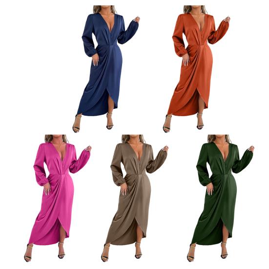 Women's Satin Wrap Long Dress V Neck Long Sleeve Maxi Dress High Slit Party Dress Cocktail Evening Gown