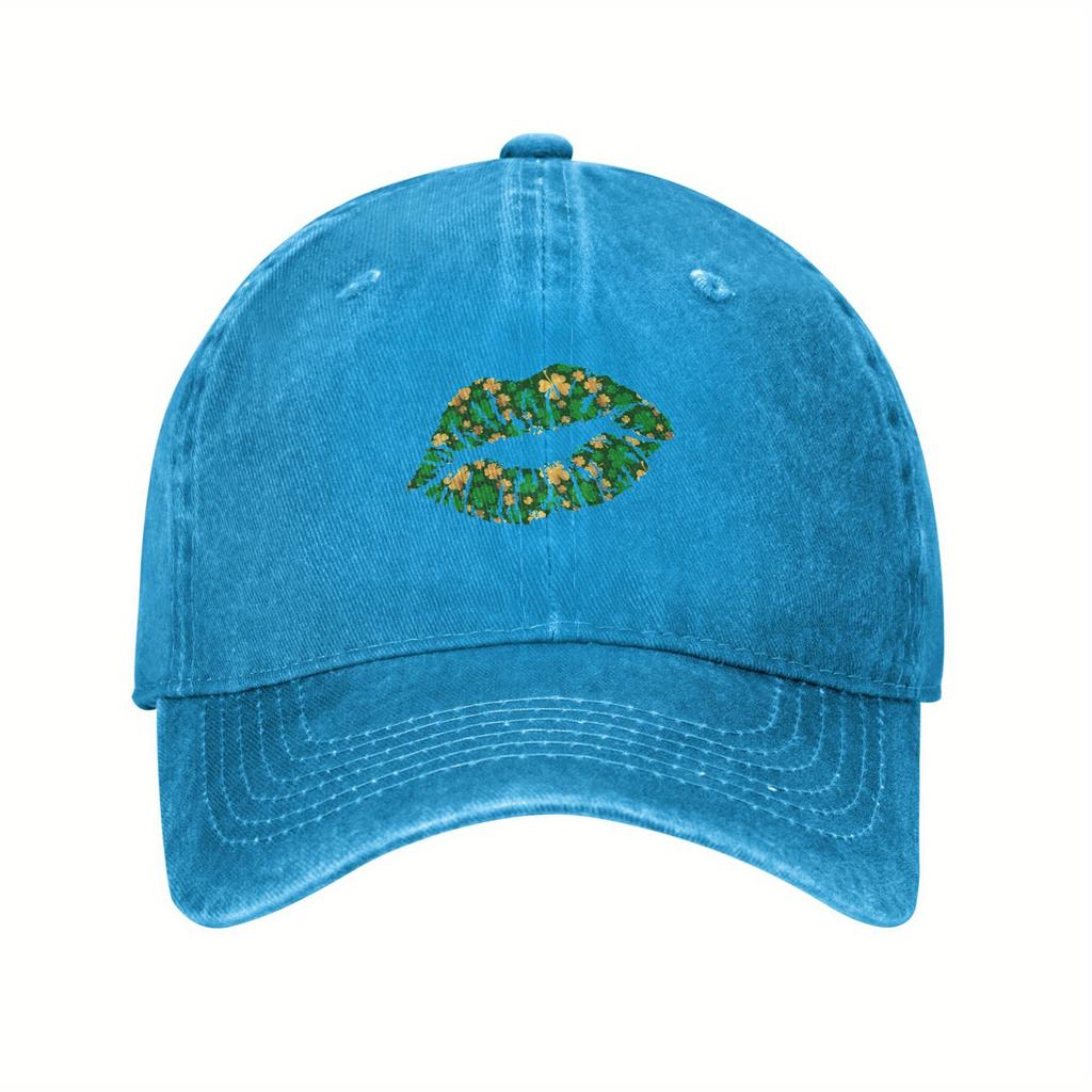 St Patricks Day Lips Print Washed Baseball Cap Vintage Casual Adjustable Cotton Hat Unisex