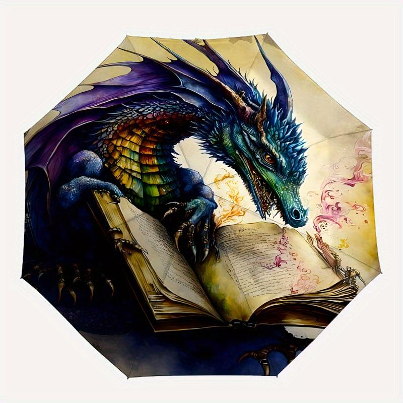 Dragon Book Theme Automatic Open/Close Umbrella, Portable 3 Fold Compact Umbrella for Men & Women, Valentine's Day Mother's Day Gift0725085