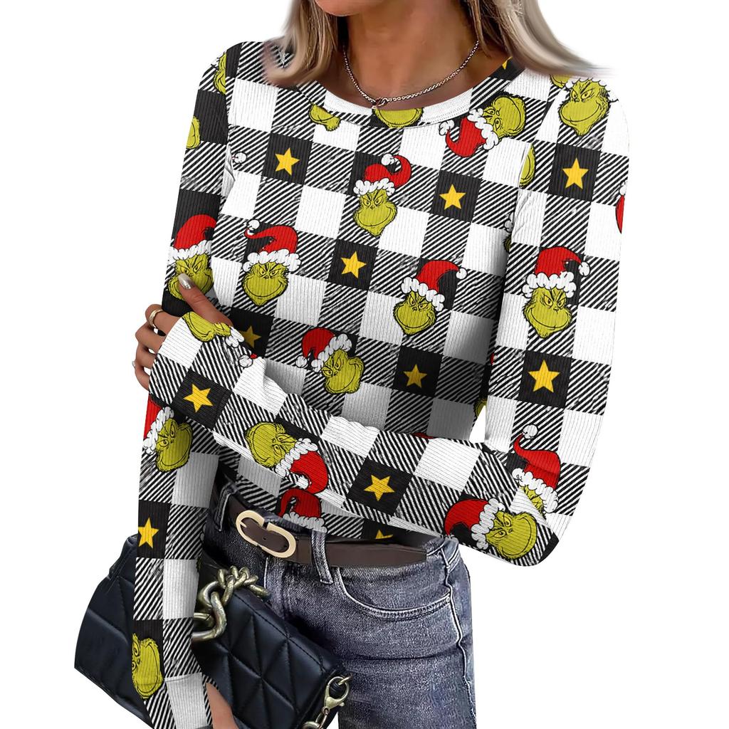 Women's Slim Fit Base Layer Long Sleeve Crewneck Pullover T-Shirt with Thumb Holes, Christmas Graphic Print Top