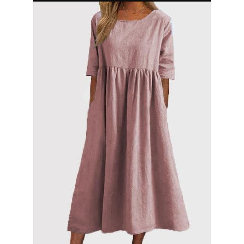 Summer Cotton and Linen Casual Short Sleeve Pocket Pleated Loose O-Neck Dress