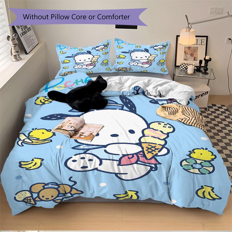 3pcs Pochacco & Ice Cream Design Print Bedding Set (1 Cover + 2 Pillowcases, Without Inserts), Soft and Comfortable W075