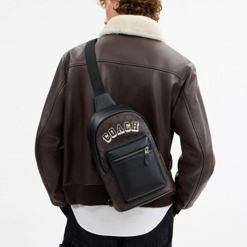 Coach West 19 Varsity Pattern Design Leather And Fabric Mixed Faux Leather Crossbody Bag Small Men bags Walnut CCF64-QBWAN
