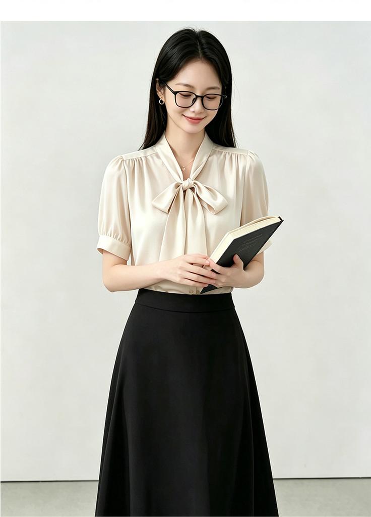 Temperament Streamer Chiffon Shirt Women's Summer Short-sleeved Top Women's White High-end Blue Commuter Interview Women's Shirt