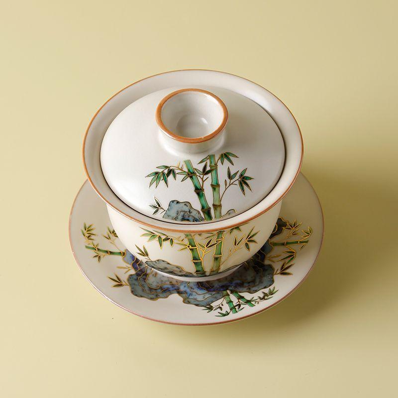 Zestaw do herbaty Gaiwan 1 Gaiwan, 2 Filiżanki, Ręcznie Malowana Ceramika, Luksusowy Zestaw do Herbaty Kung Fu, Naczynia do Herbaty z Pieca Ru