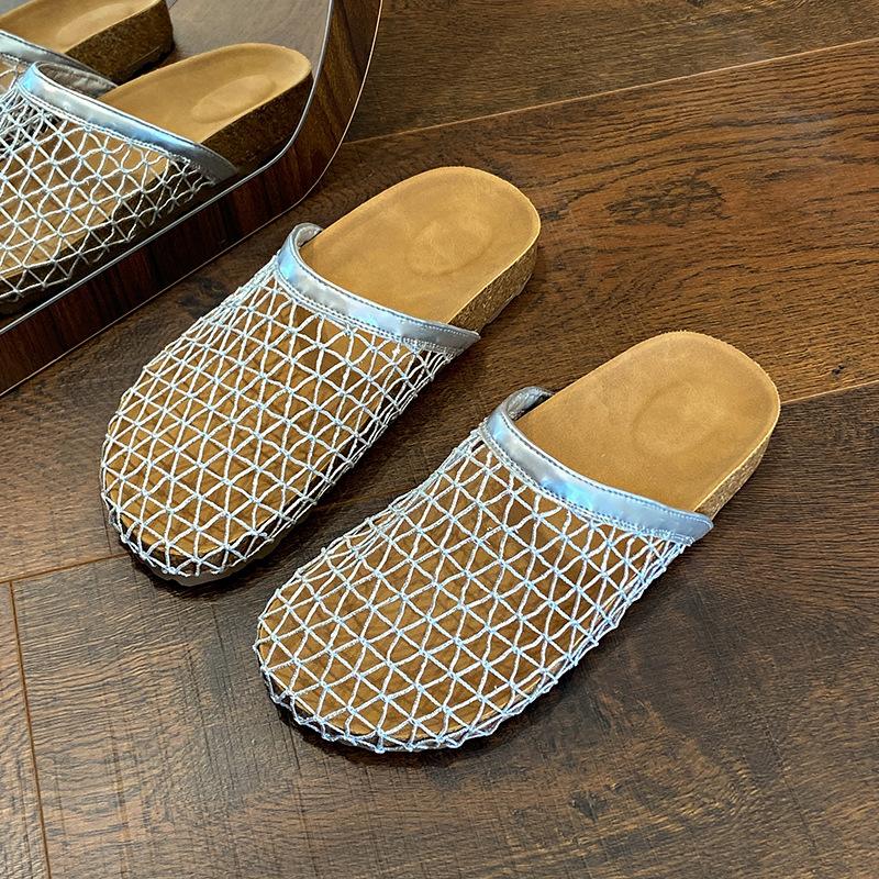 Retro niche bag head slippers new fishing net hollow thick-soled women's shoes woven half-pack slippers