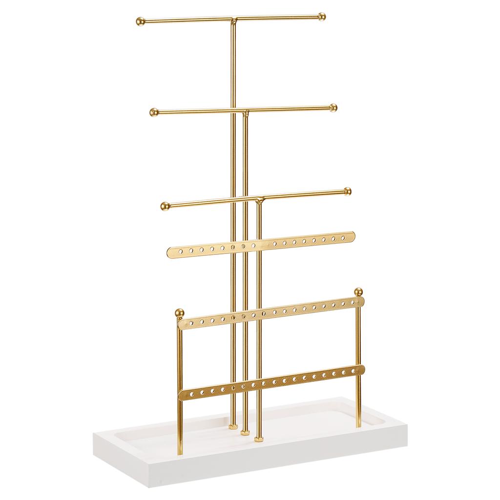 Jewelry Stand Holder 6 Tier Metal Necklace Display Organizer Earring Tower with Wood Tray for Bracelets Rings Necklaces Gold