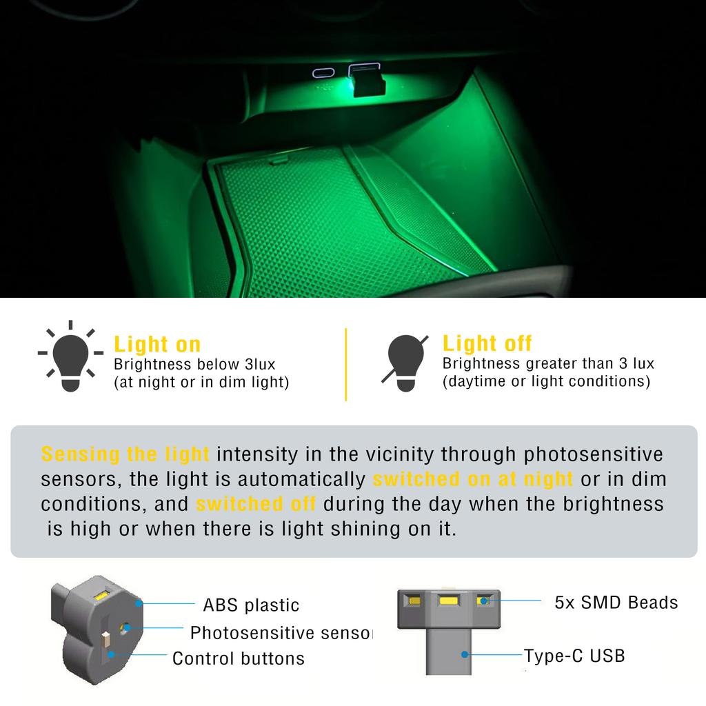 2x Auto USB Umgebungs Licht 8-Farben Farbverlauf Mini Bunte Led USB C Urlaub Party Laptop Atmosphäre Innenraum Auto Center Konsole