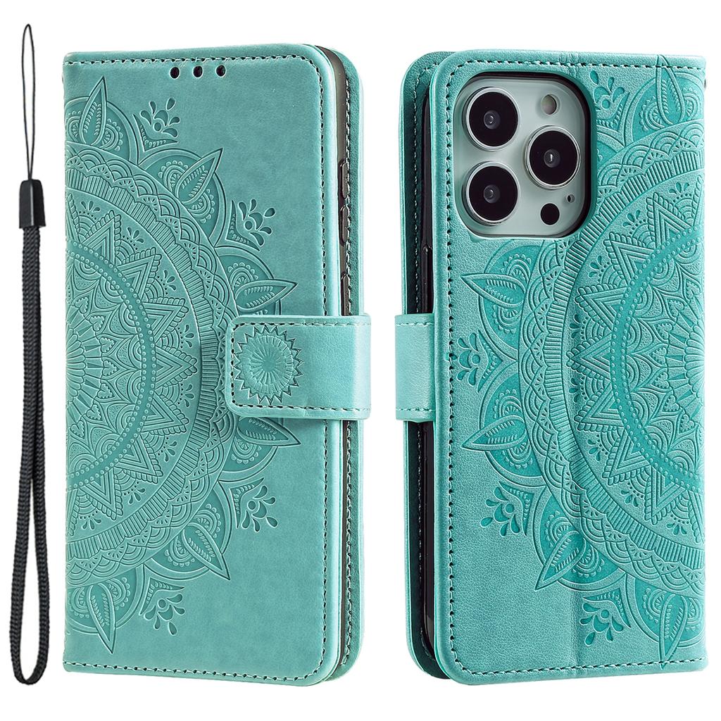For iPhone 15 Pro Flip Phone Case PU Leather Mandala Flower Imprint Stand Wallet Cover with Strap