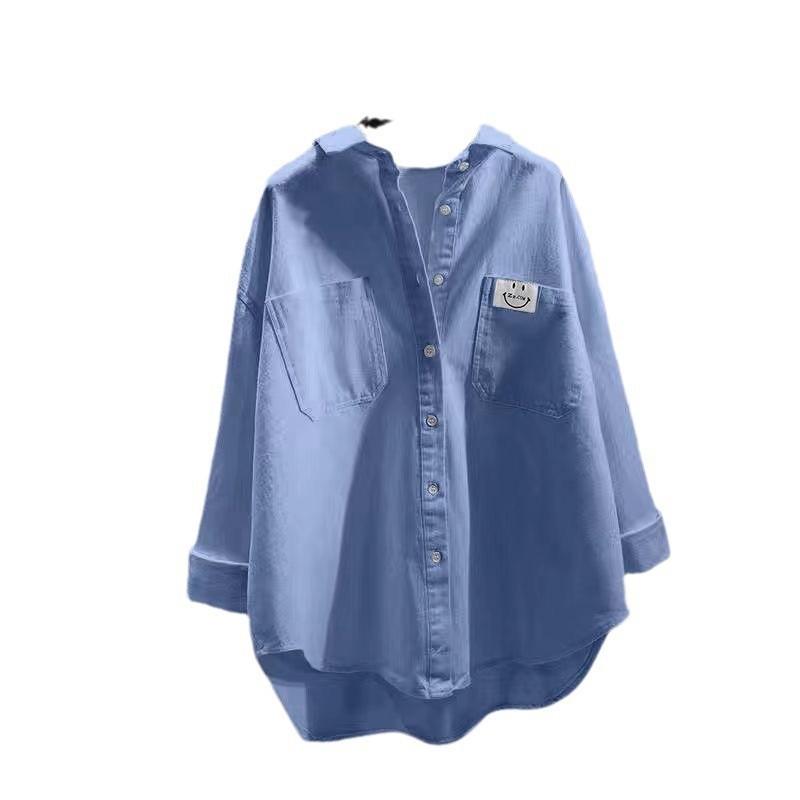 

Удобная рубашка с длинным рукавом, женская осенняя простая ретро-свободная повседневная блузка больших размеров, куртка 3XL светло-синий