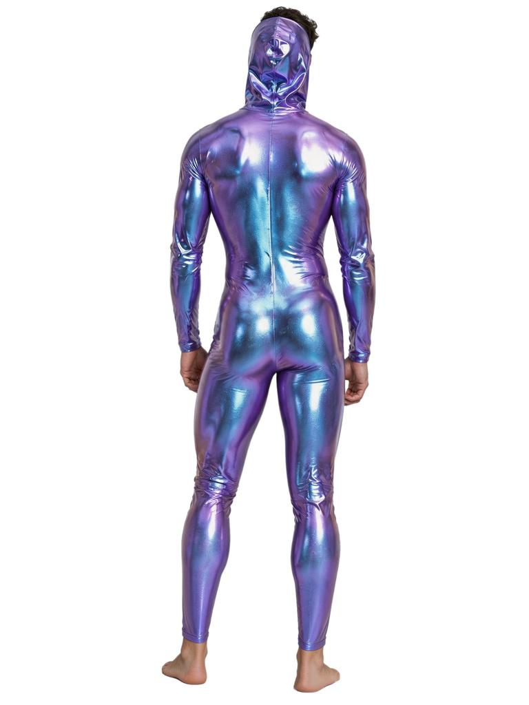 Men Metallic Shiny Hooded Jumpsuit Long Sleeve Front Zip-up Leggings Tights Catsuit Bodysuit for Rave Party Clubwear Night Out