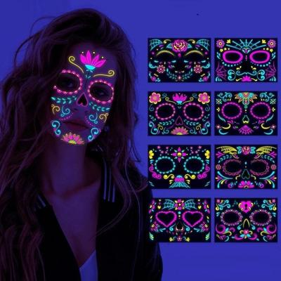 Nová fluorescenční nálepka s halloweenským tetováním na obličej Day of the Dead Legrační dočasná neonová nálepka na obličej pro festivalový make-up na maškarní párty
