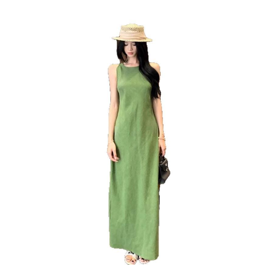 French temperament high sense sleeveless vest dress women's summer green retro waist split skirt long dress