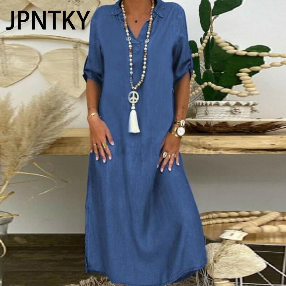 

JPNTKY Летнее джинсовое платье для женщин Повседневные весенние голубые платья макси V-образный вырез рукав до локтя Большие размеры Длинные платья с разрезом M синий