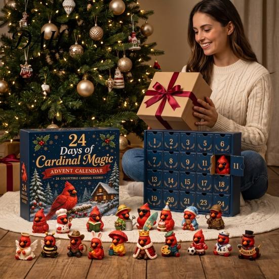 Christmas Tree Hanging Ornaments Red Bird Advent Calendar, 24 Unique Miniature Figures Figurines, for Holiday Gifts Theme Dolls