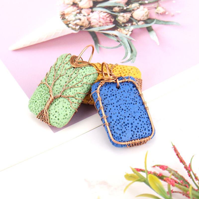 Hand-Wound Rectangular Volcanic Stone Tree Of Life Pendant Necklace, Couple Necklace N525