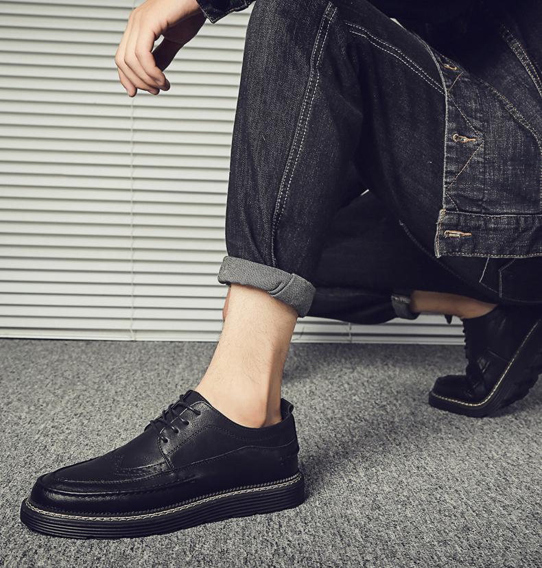 100% Genuine Leather Shoes Fashion Brogues Flat Thick Sole Male Footwear Pure Black Casual Mens Shoes