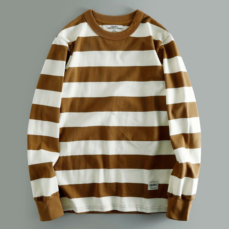 Heavy 280G Double Yarn! European and American Retro Washed Pure Cotton Stripe Long sleeve Loose round Neck Casual Bottoming Shirt Hoodie