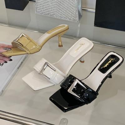 Fashion Patent Leather Buckle Design Brand Slippers Women Fashion Open Toe Thin Heel Slide Sandals Elegant Comfortable High Heel Sandals