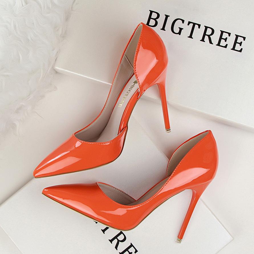 Fashion Women Party 10.5cm High Heels Office Patent Leather Pumps Lady Stiletto Low Heels Scarpins Cutout Elegant Orange Red Shoes