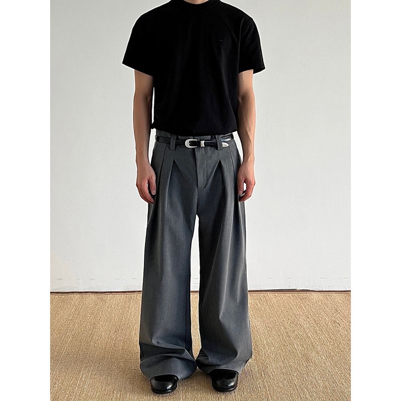 Blaexit American-Style Cleanfit Pleated A-Line Dress Pants for Men, High-End Straight-Leg Loose Old Money Style Trousers