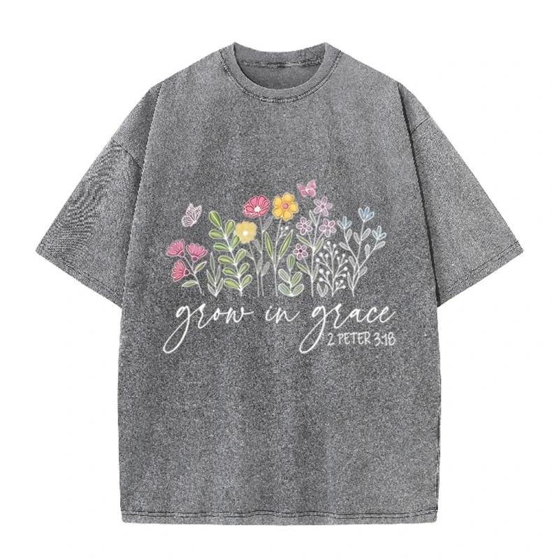 Retro Christian Faith T Shirt Grow In Grace Floral Washed Casual Short Sleeve