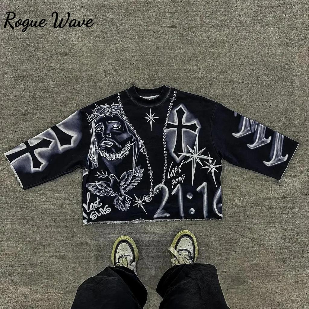 T-shirts RogueWave Y2k Rétro Tie Dye Croisés Gothique Hip Hop Graphique Imprimé Intégral Haut Court pour Hommes T-shirts Amples Oversize