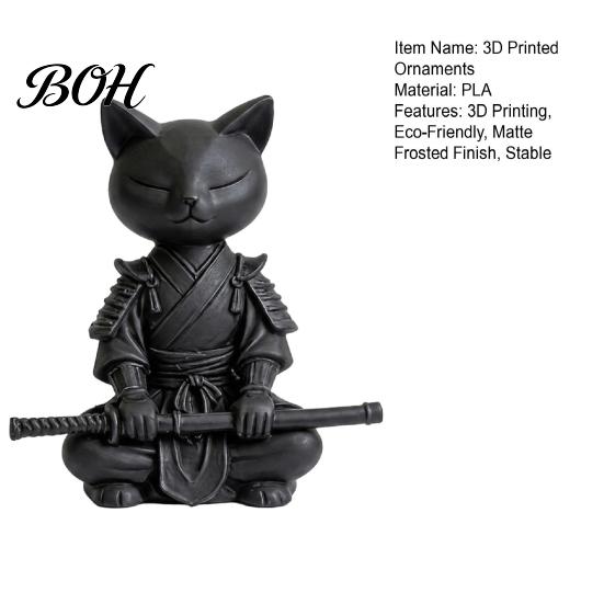 Bay Window Cat Statue 3D Printed Knight Figurine, Meditating Desk Decor with Zen Warrior Pose, Figure for Display Minimalist Frosted Animal Sculpture