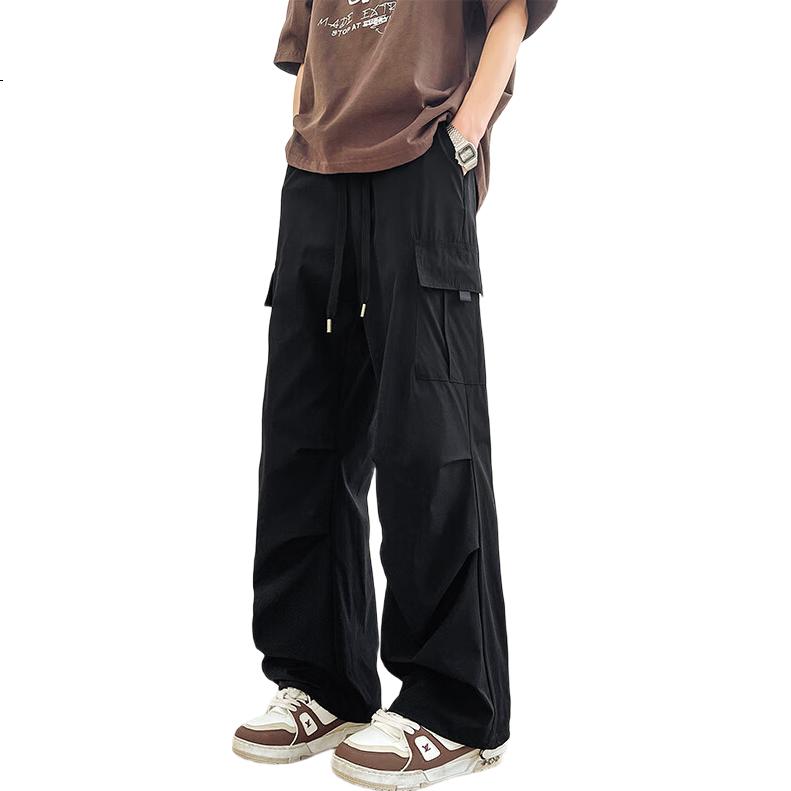 Homlean American-Style Wide-Leg Paratrooper Cargo Pants for Men, Spring Outdoor Sports Versatile Heightening Straight-Leg Trousers KMX05 Black 2XL