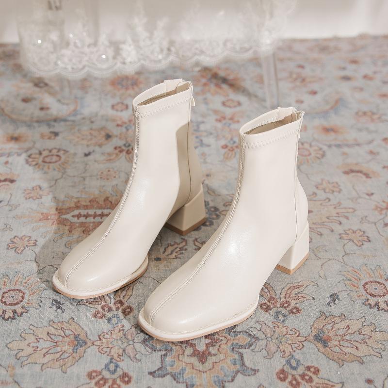 Französische elastische kurze Stiefel Damen dicke Absätze Herbst und Winter neu Maillard Temperament vielseitig Reißverschluss hinten dünne Martin-Stiefel