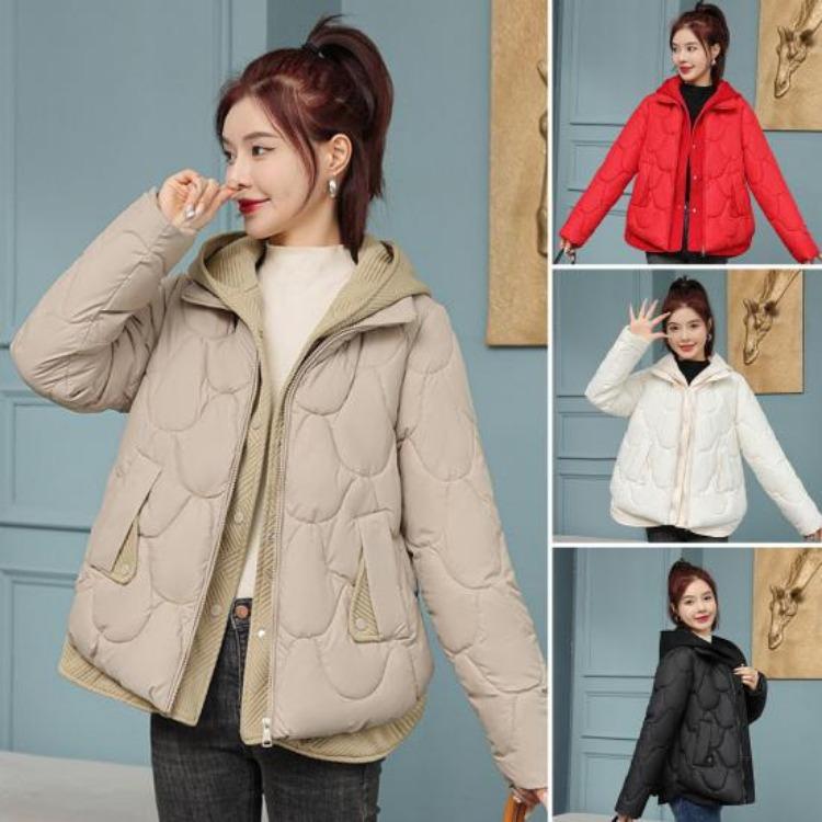 Winter Women Coat Short Thin Padded Hooded Turn Down Collar Pure Color Fake Two Piece Zipper Button Closure Down