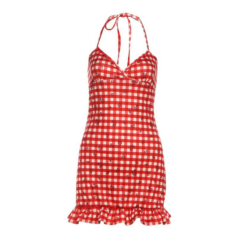 

# Sisjuly# Sweet Ruili Wind Berry Berry Girl Art Plaid Design Lotus Leaf Lace Sling Dress Women Red S