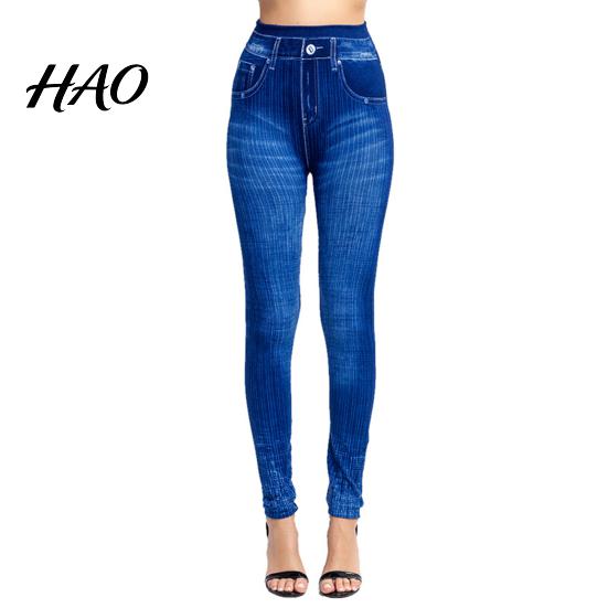 Fake Jeans Imitation Leggings Printed Super Elastic Women Faux Denim Pants High Waist Butt Lift Cropped Streetwear