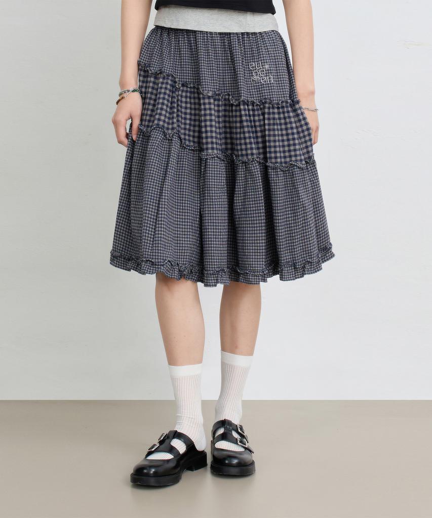 Yujen Vintage Frill Check Skirt_Navy