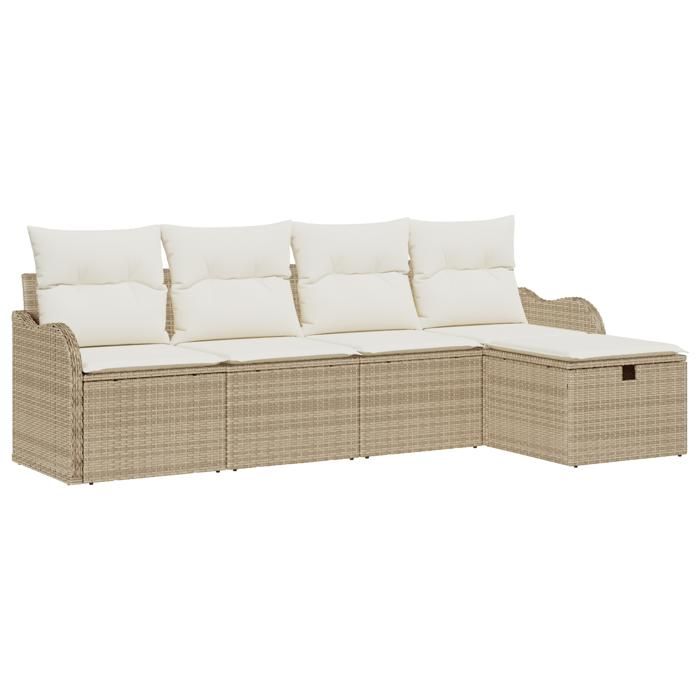 Ensemble de Canapés de Jardin 5 pièces avec Coussins Beige Poly Rattan, Canapé de Jardin 2 places avec Coussins Beige Poly 3358960
